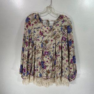 Entro Anthropologie Women's Size Large Tunic Rope Fringe Floral 100% Rayon Top
